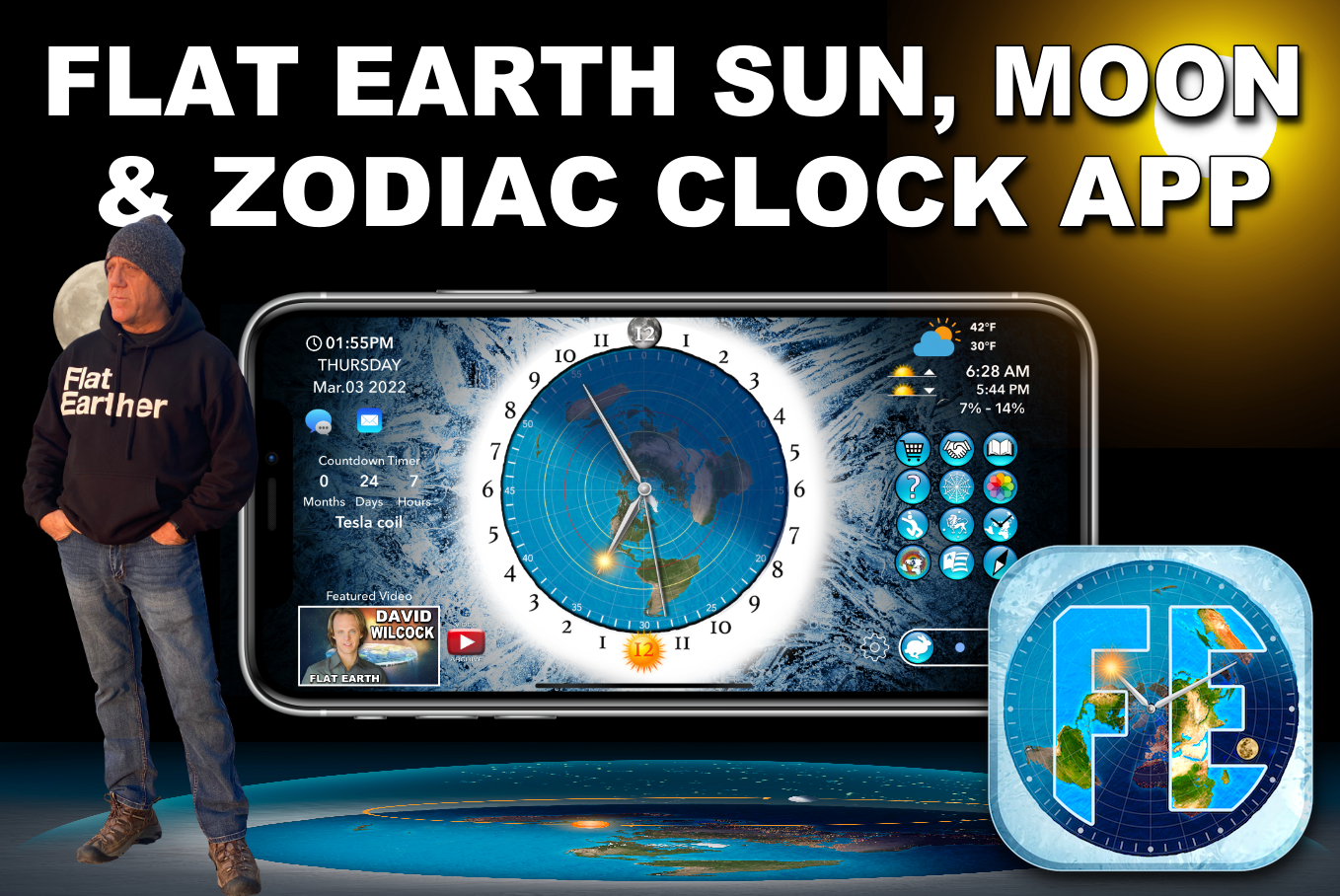 Flat Earth Sun, Moon & Zodiac Clock App